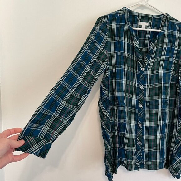 J. JILL Plaid Dipped Hem Button Up Tunic Blue Green Lightweight Button Down S - Picture 7 of 16